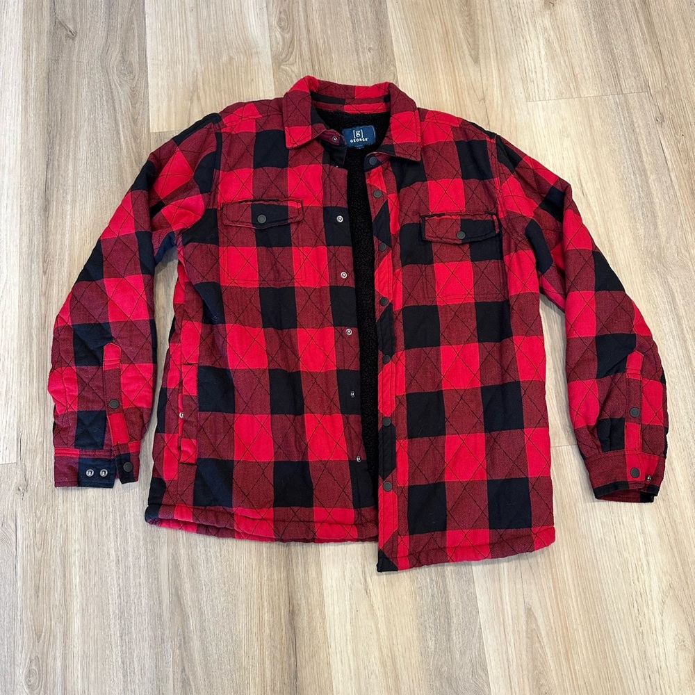 George Men’s Red & Black Plaid Flannel Shirt Jacket Large